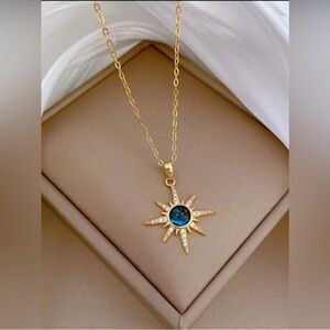 Gold Plated Stainless Steel Blue Sunburst Pendant Necklace
